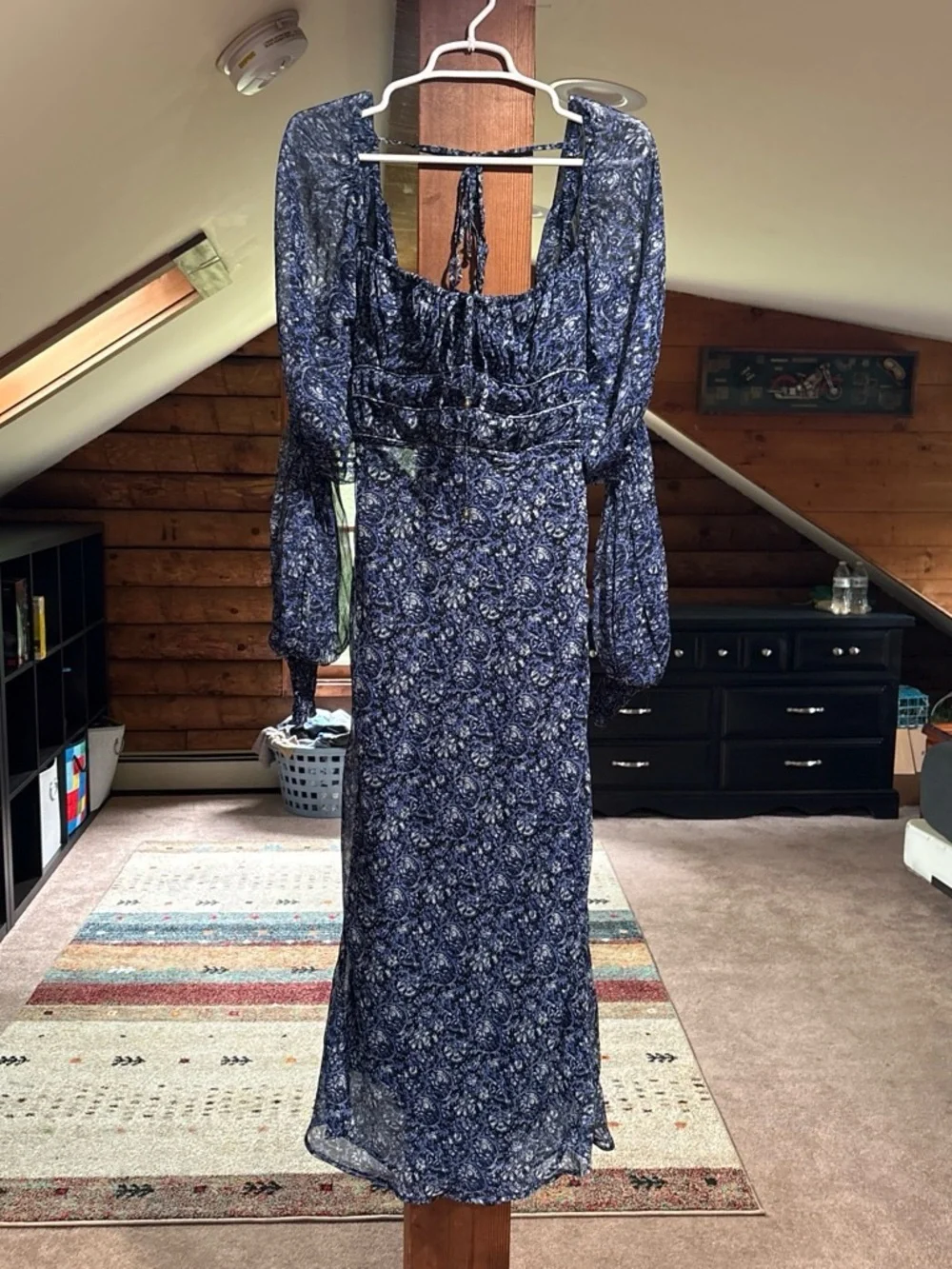 Women's Free People Navy Floral Midi Dress with Sheer Puff Sleeves